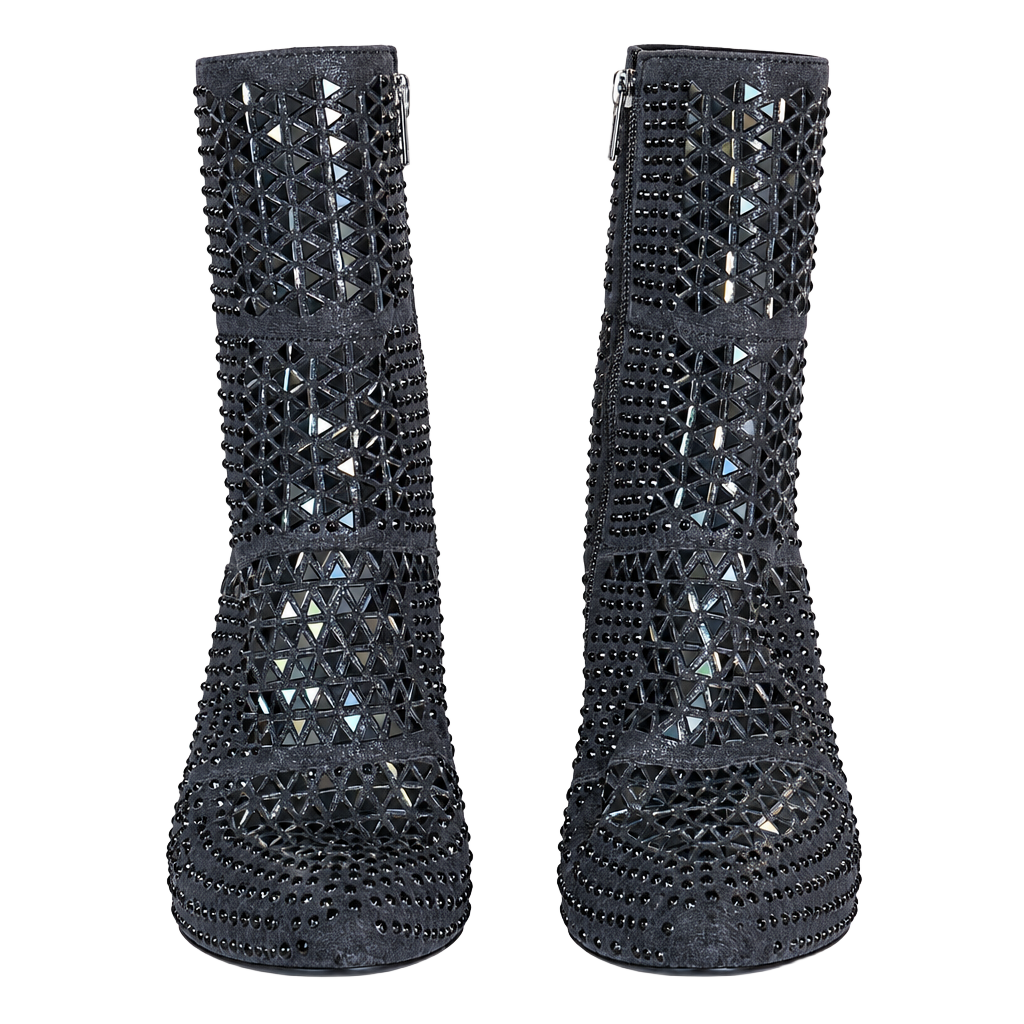 Black Studded Rhinestone Heeled Ankle Boots 1