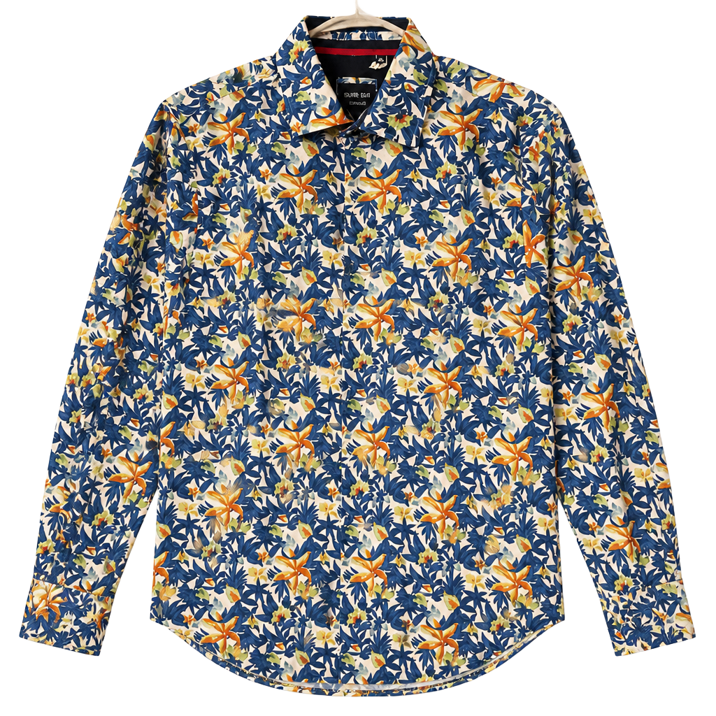 Silver Stone Collection Men's Navy and Orange Floral Long Sleeve Button Down Shirt 1