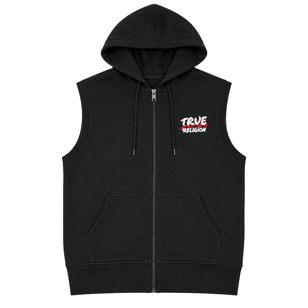 True Religion Newspaper Muscle Zip Hoodie Size L Black 1