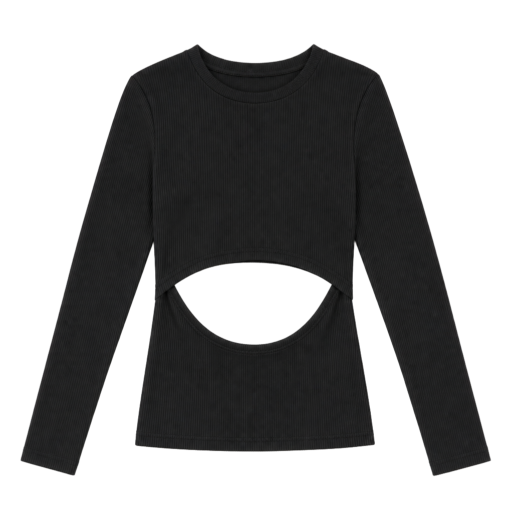 PRETTYGARDEN Cut Out Ribbed Long Sleeve Midi Dress Black 1