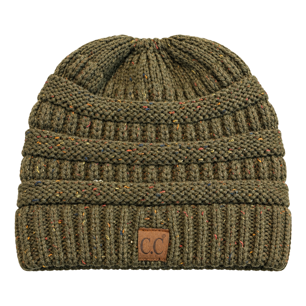 C.C Confetti Messy Bun Ponytail Beanie Olive Green Flecked Knit 1