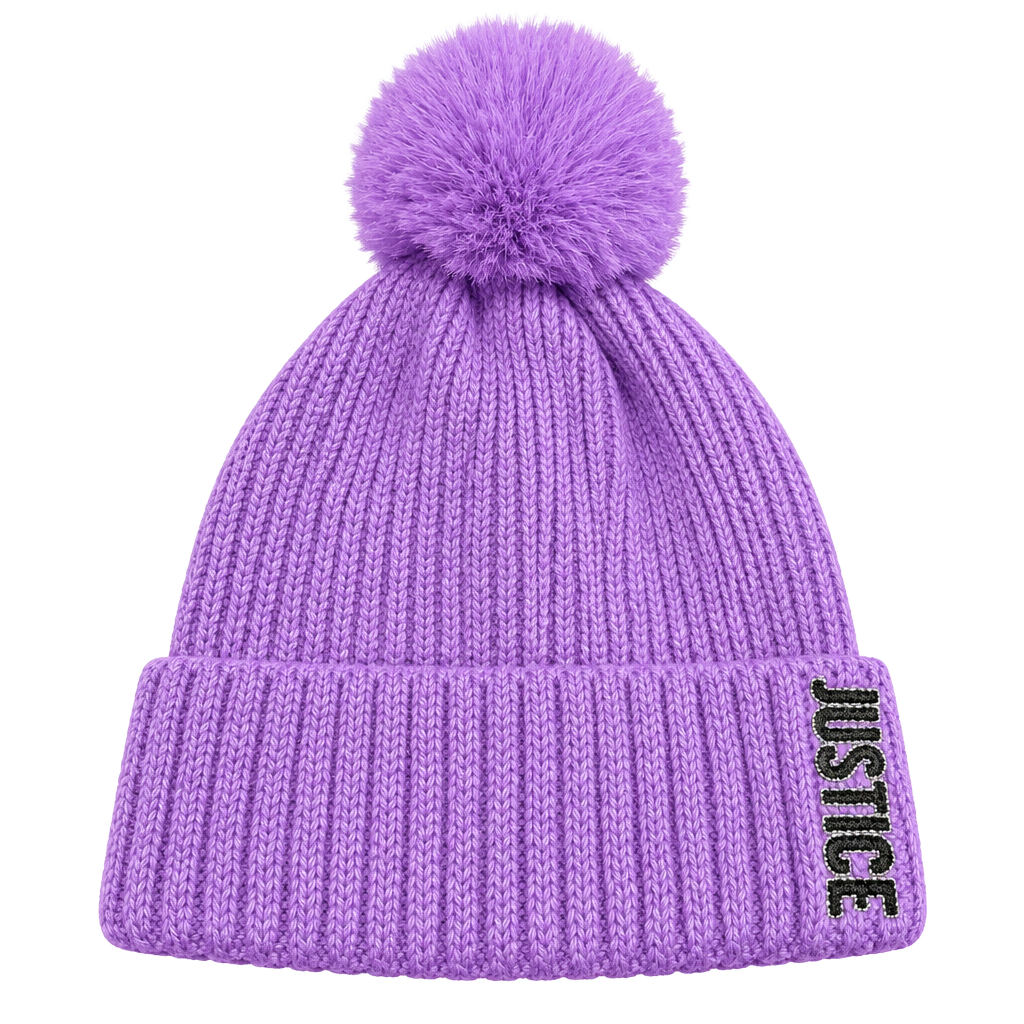 Justice Purple Ribbed Beanie Hat With Faux Fur Pom Pom 1