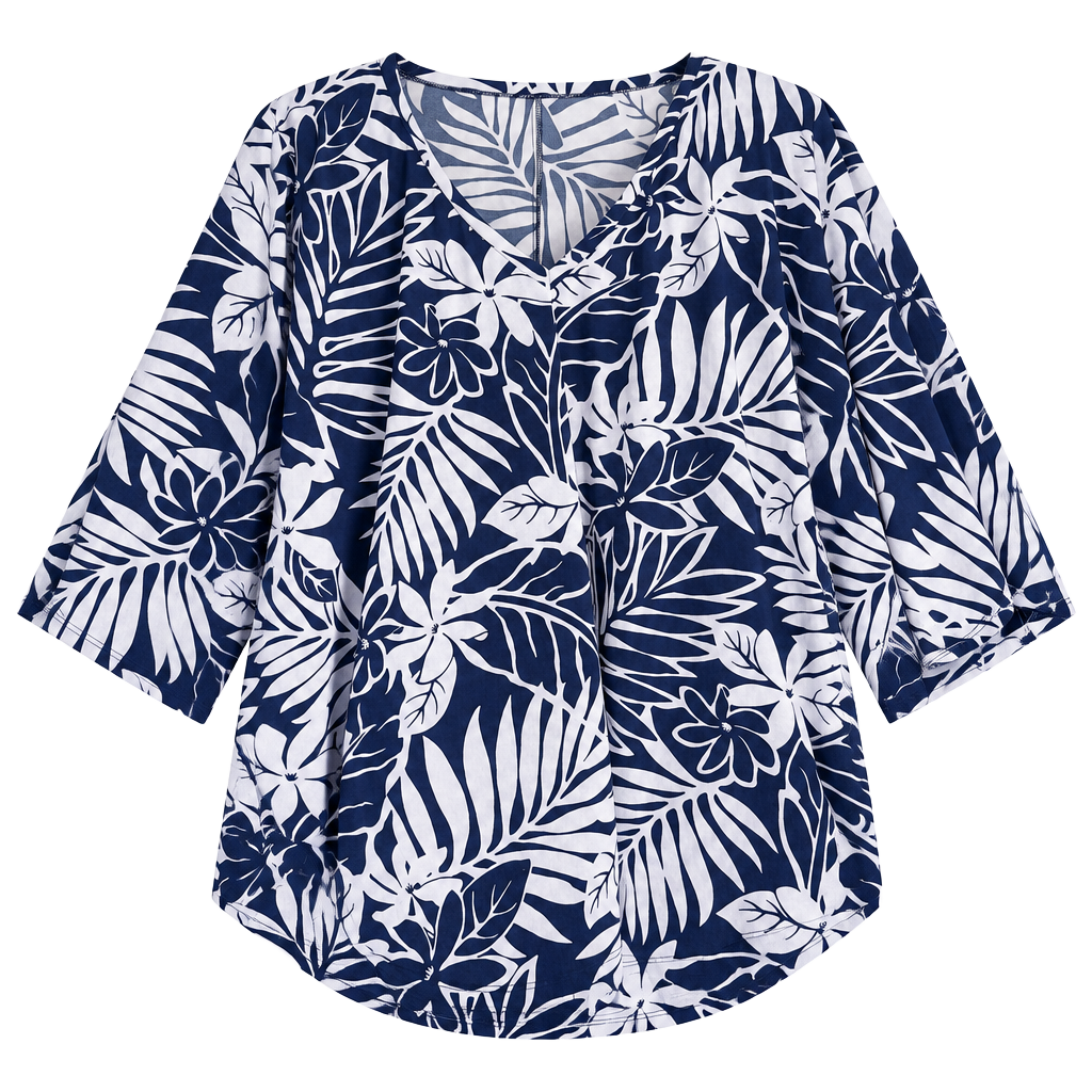 Lee's Fashion Tunic Top Size 3XL Blue White Tropical Leaf V-Neck 1