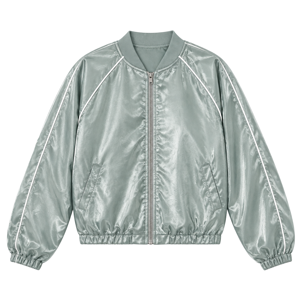 all in motion Satin Bomber Jacket in Light Sage with White Piping M 1