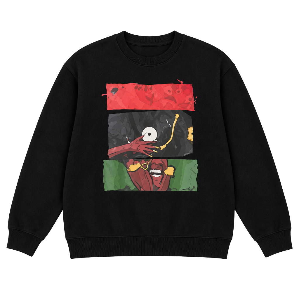 Black Crewneck Sweater with Red, Green & Yellow Graphic Panel XL 1