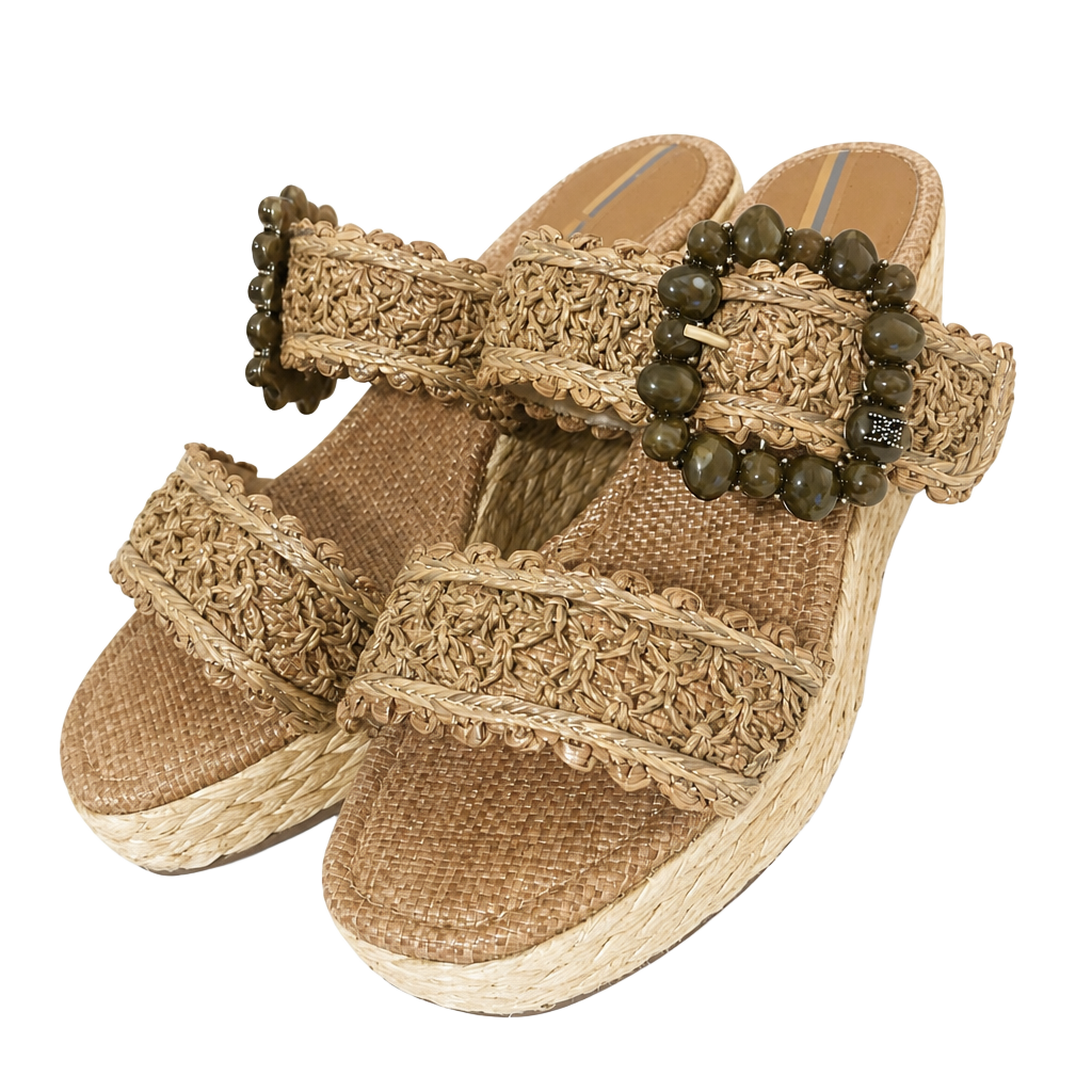 Sam Edelman Cadance Cuoio Raffia Open Toe Embellished Wedge Heeled Sandals (Cuoio Raffia, 11) - .com, 1