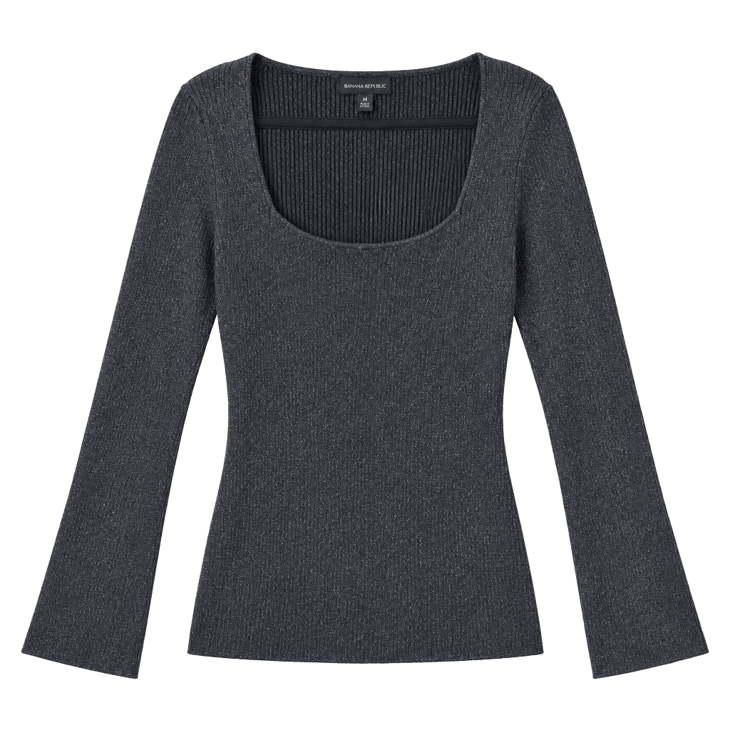 Banana Republic Rib Knit Top Size M Black Metallic Shimmer Bell Sleeve New 1