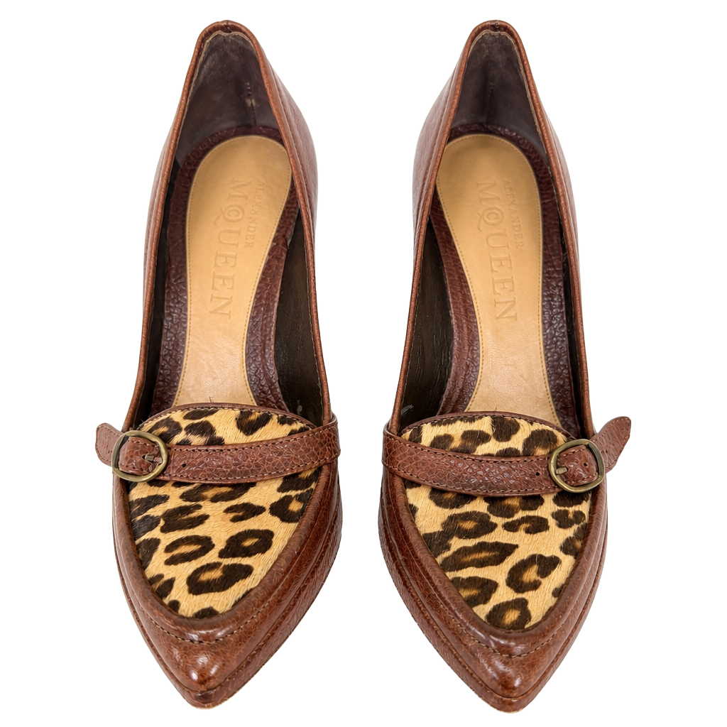 Alexander McQueen Brown Leather and Leopard Print Calf Hair Pointed Toe Platform Heels 1