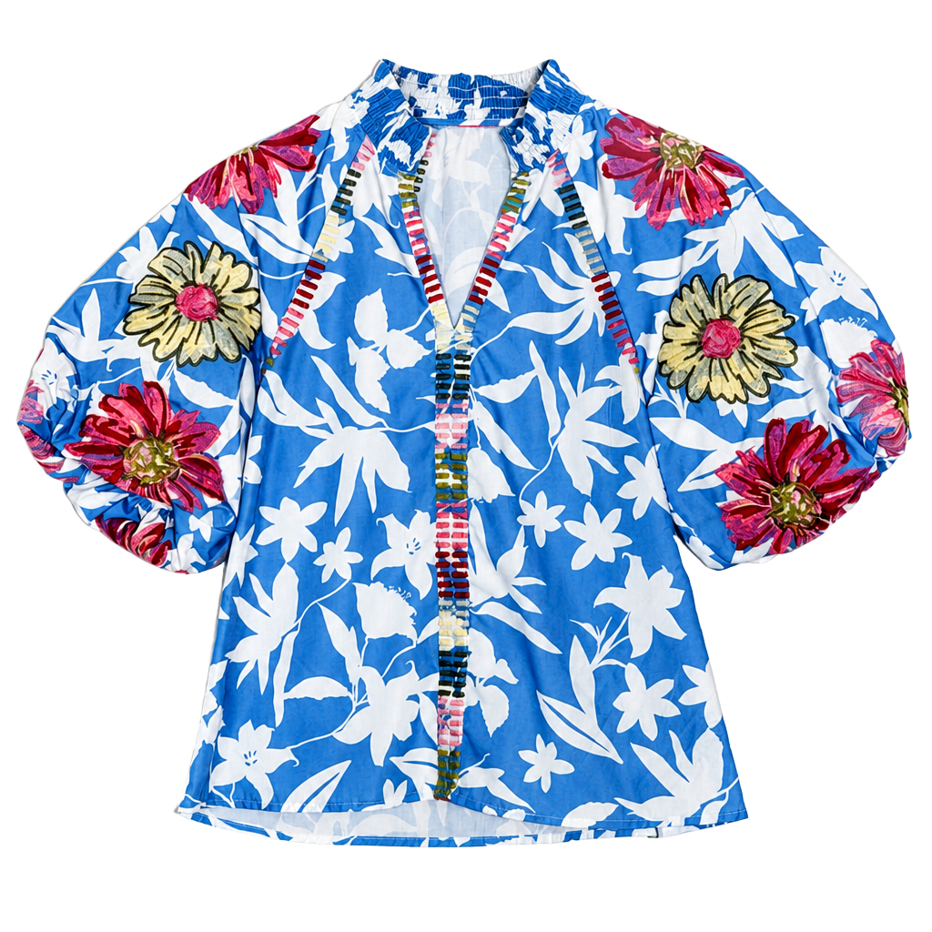 THML Blue Puff Sleeve Embroidered Floral Print Top 1