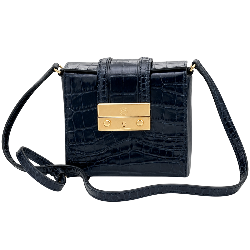 Tory Burch Emerson Croc Embossed Leather Crossbody Bag Blue 1