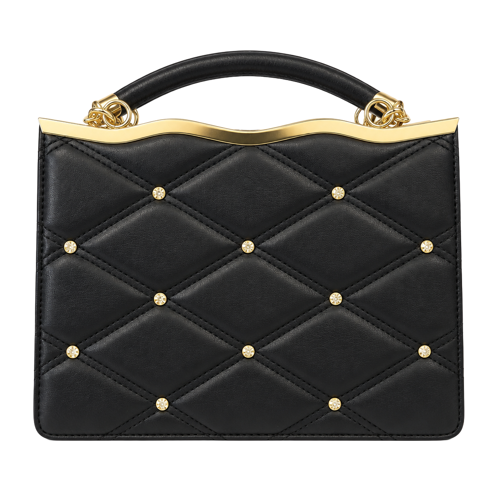 Grossi Black Quilted Rhinestone Handbag Purse Wavy Gold Frame Vintage 1