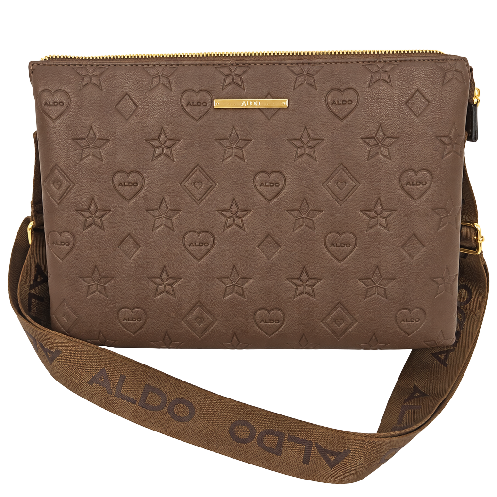 ALDO Brown Embossed Logo Crossbody Bag Zip Closure Adjustable Strap Pockets 1