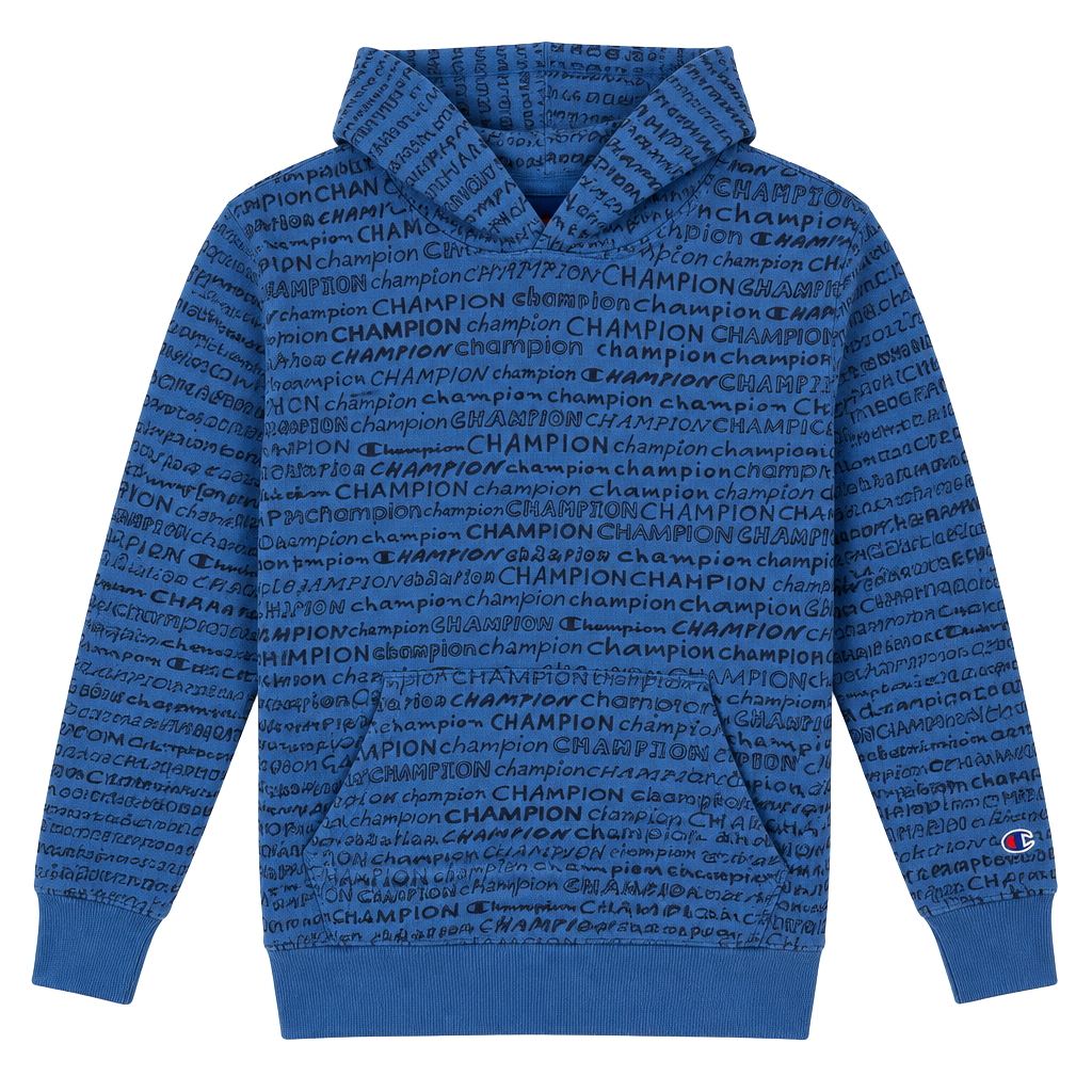 Champion Boys Kids blue Fleece Hoodie All Over Print Script Logo Size 5 1