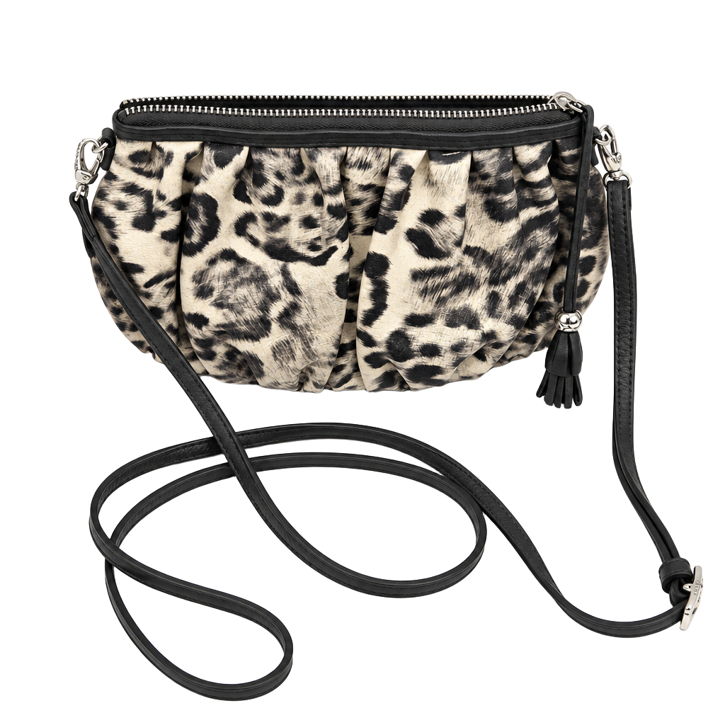 BRIGHTON Cosmo Cat Crossbody Clutch Mini Bag Grey Snow Leopard Animal Print 1