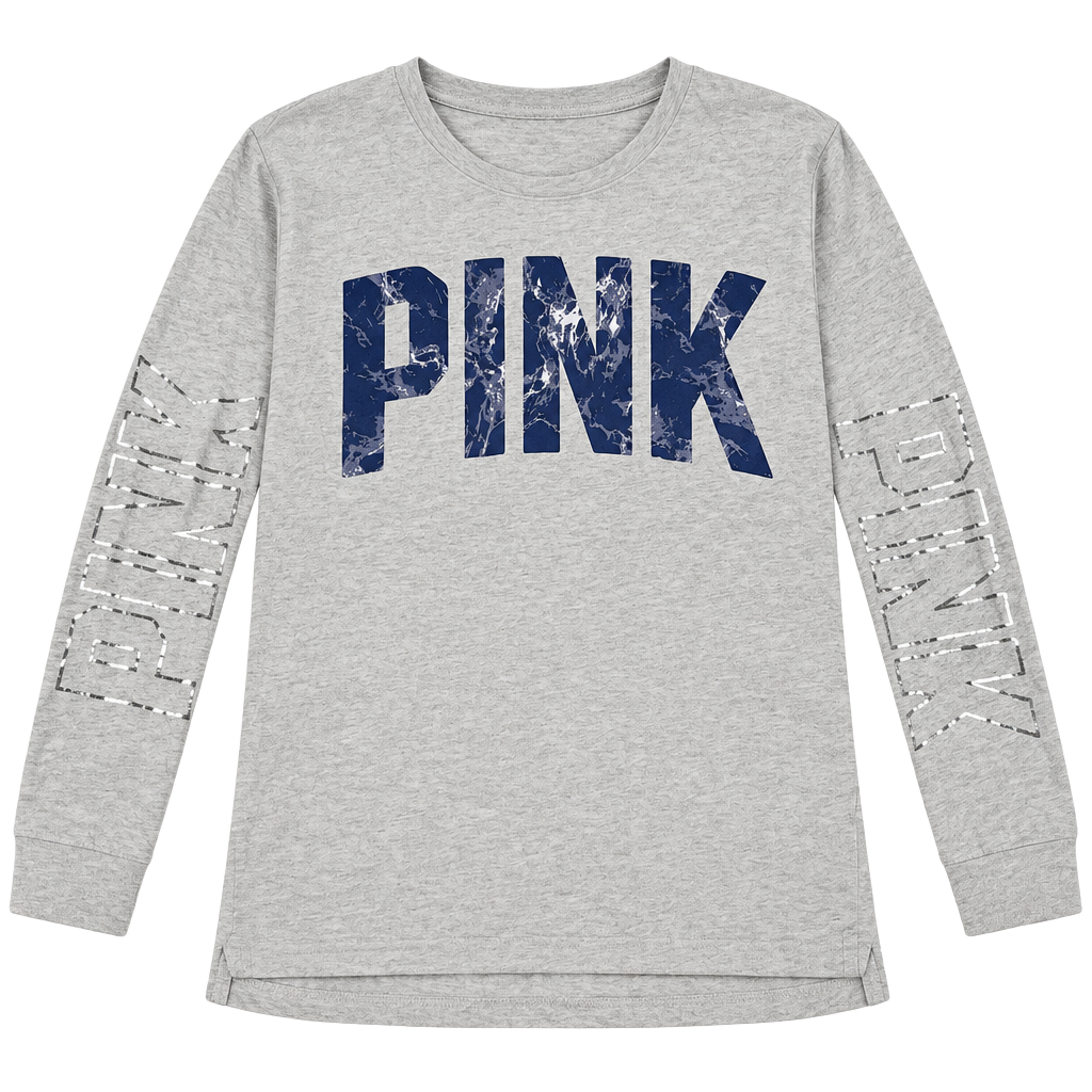 PINK Victoria's Secret Long Sleeve Graphic Tee Size 88A Gray Marble Print 1