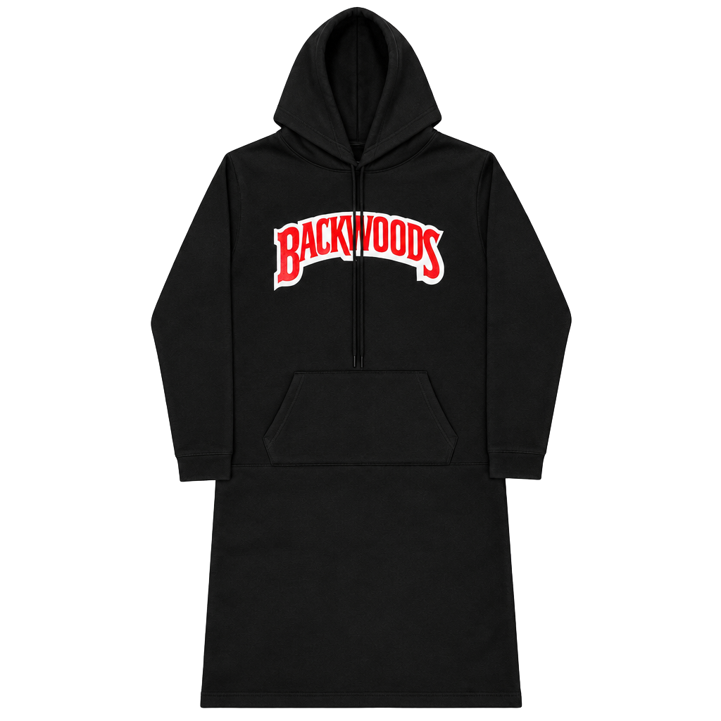 Backwoods Hoodie Dress Black Red Logo Long Sleeve Hooded Sweatshirt Dress 1