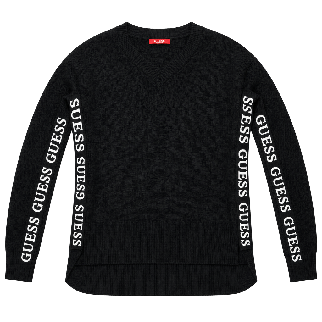Guess Black V-Neck Sweater with Logo Sleeves 1
