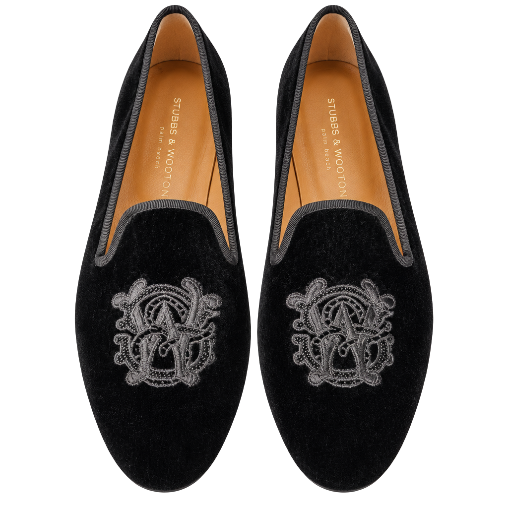 Stubbs & Wootton Black Velvet Slippers Embroidered Crest Loafers men’s 9.5 1