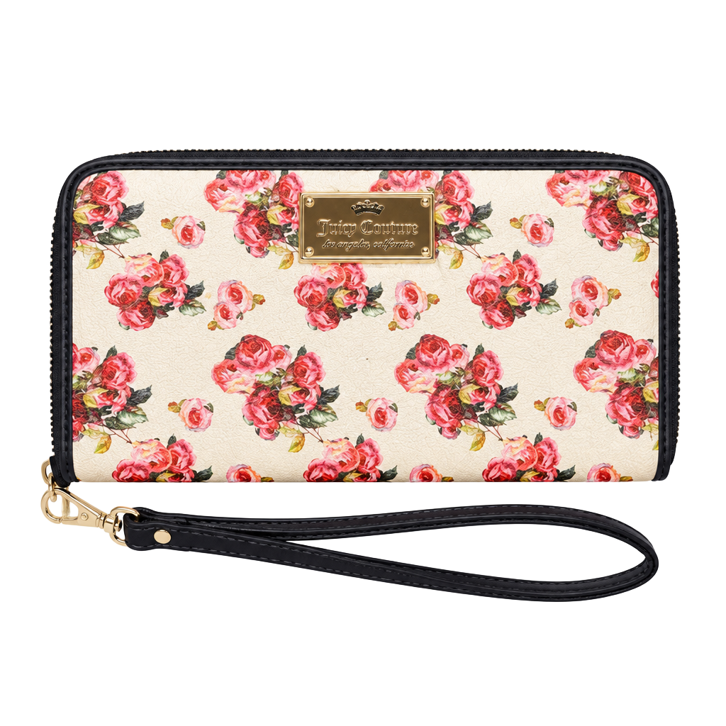Juicy Couture Rose Print White Zip Around Wallet Wristlet 1