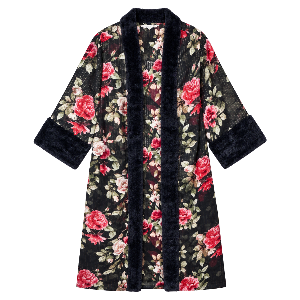 Chelsea & Violet Floral Kimono Size M Black Faux Fur Trim Robe 1