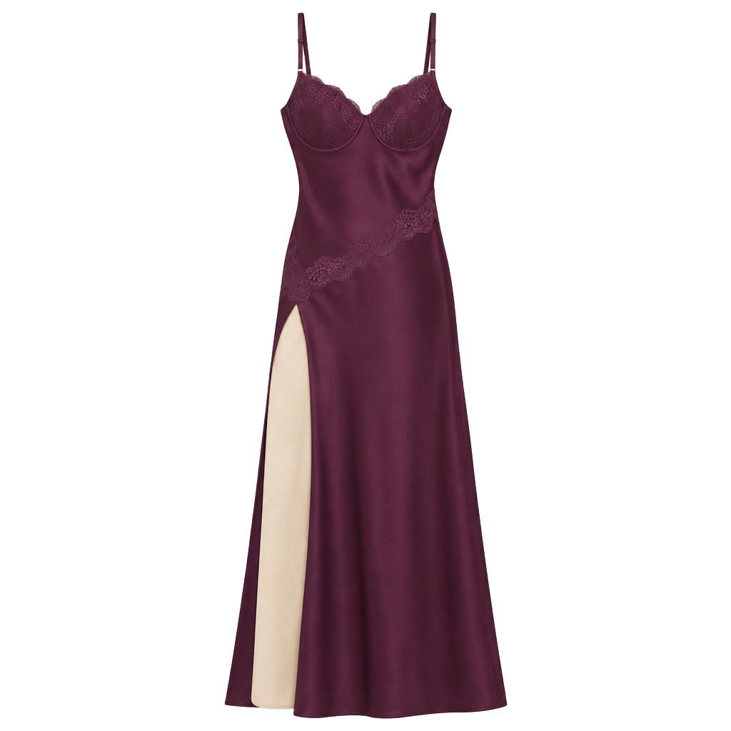 Nk Imode Silk Slip Dress Size 1X D Purple Long Lace Slit Nightgown 1
