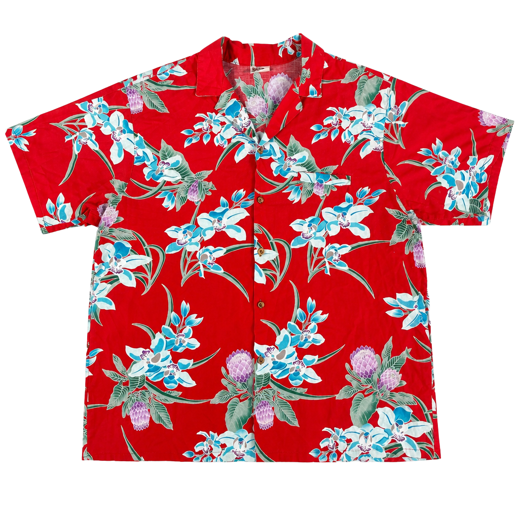 Vintage Paradise Found MAGNUM PI Aloha Hawaiian Shirt Red Floral Men's Large USA 1