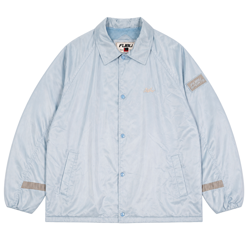 Vintage FUBU Sports Coaches Jacket Light Blue Satin 1