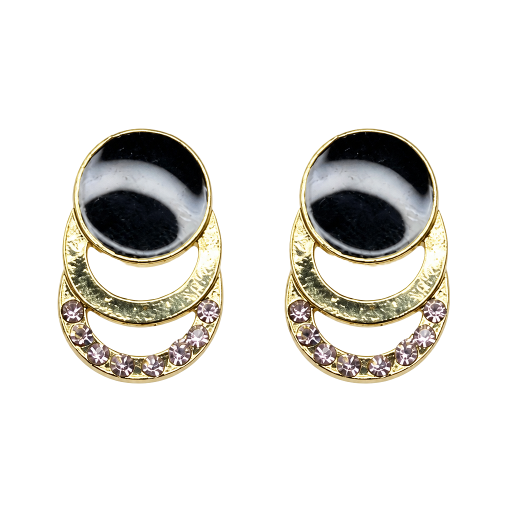 S925 Gold-Tone Triple Circle Stud Earrings with Black Enamel and Crystals 1