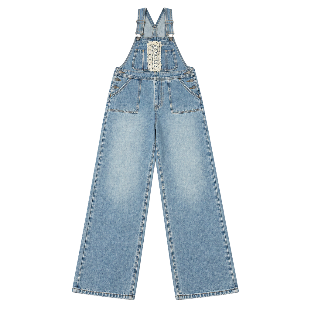 POL Denim Overalls Size S Light Wash Crochet Lace 1