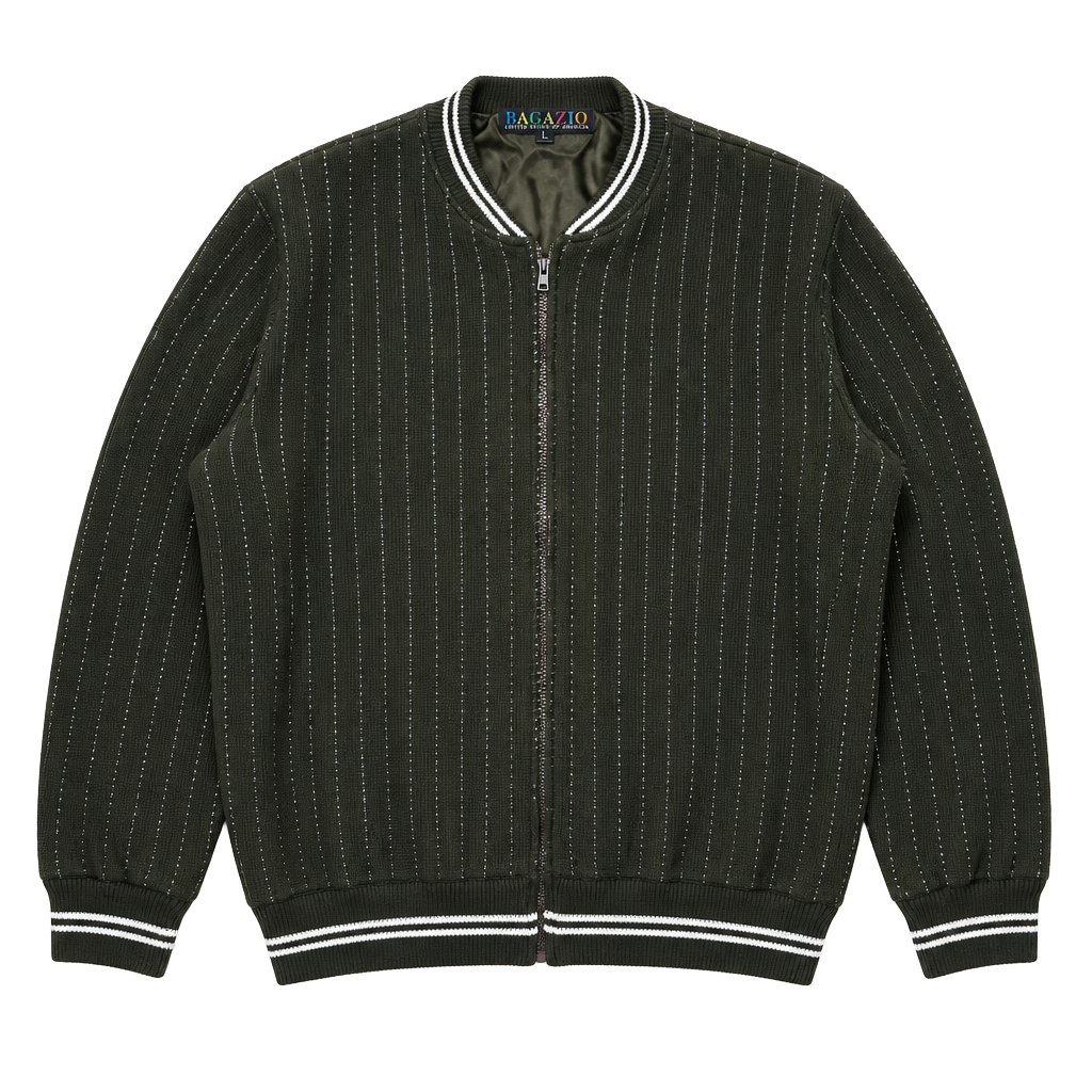 Vintage Bagazio Olive Green Full Zip Knit Bomber Jacket with Vertical Stripes 1