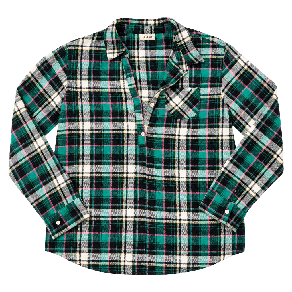 Cherokee Girls Green Plaid Flannel Button Down Shirt Size L/G (10/12) 1