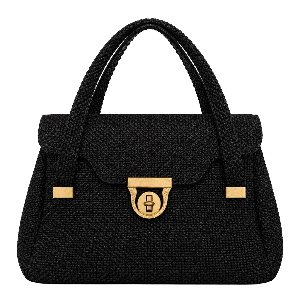 Vintage 1960s Black Woven Cord Gold Latch Handbag 1