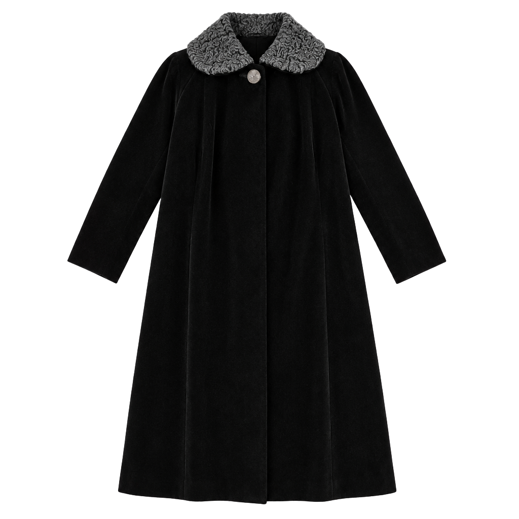 Hengerer's 1950s Vintage Black Velvet Swing Coat Fur Collar 1