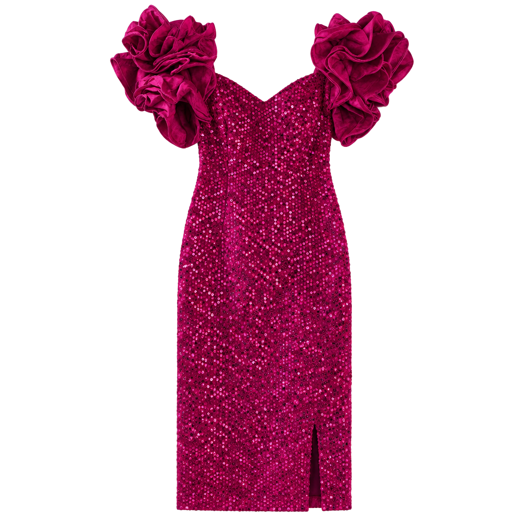 Nadine Magenta Sequin Ruffle Sleeve Dress 1