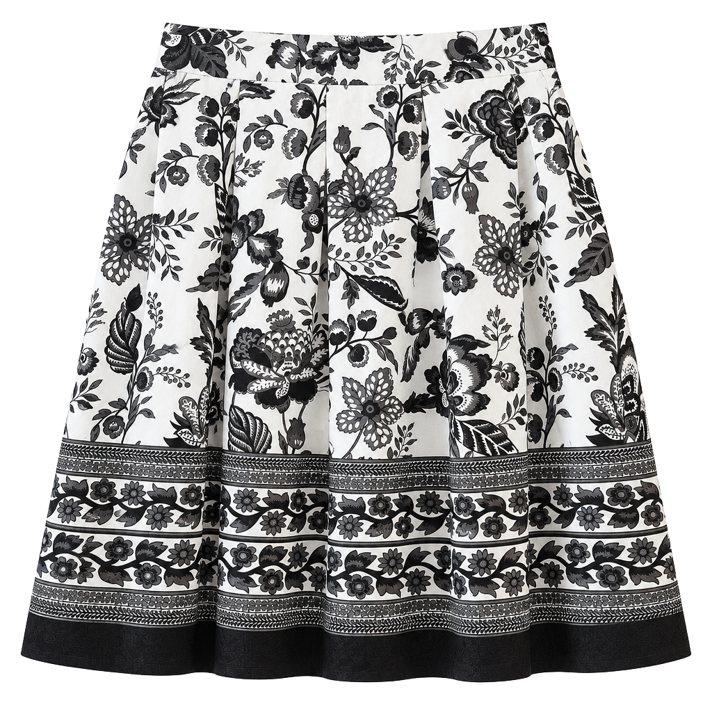 Shein Black White Floral Pleated Cotton Midi Skirt Size L. 1