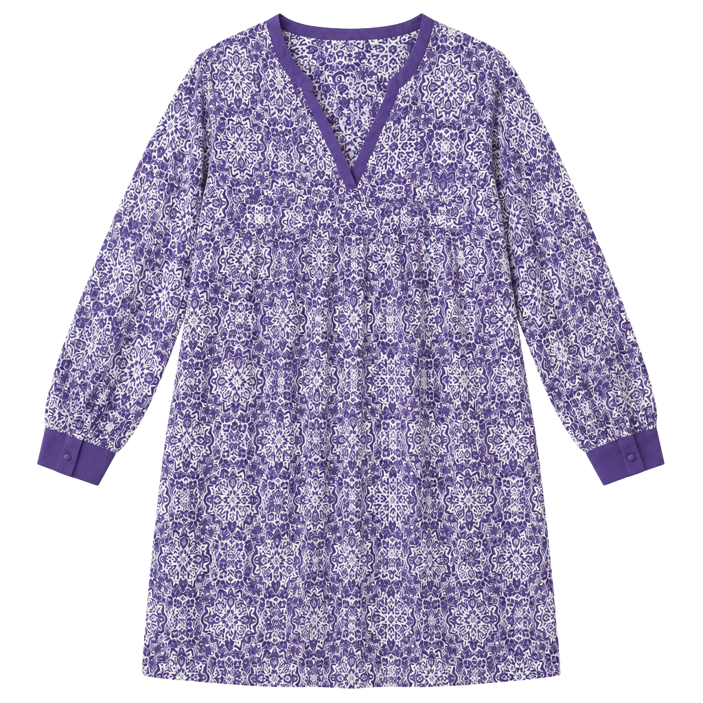 ShiraLeah Chicago Tunic Dress Size M Purple White Print Cotton Long Sleeve 1