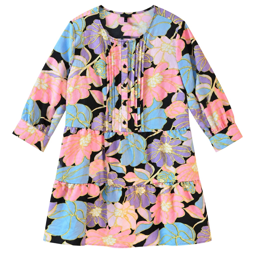 Who what wear Dress Size L Floral Print Long Sleeve Pleated Tiered 1