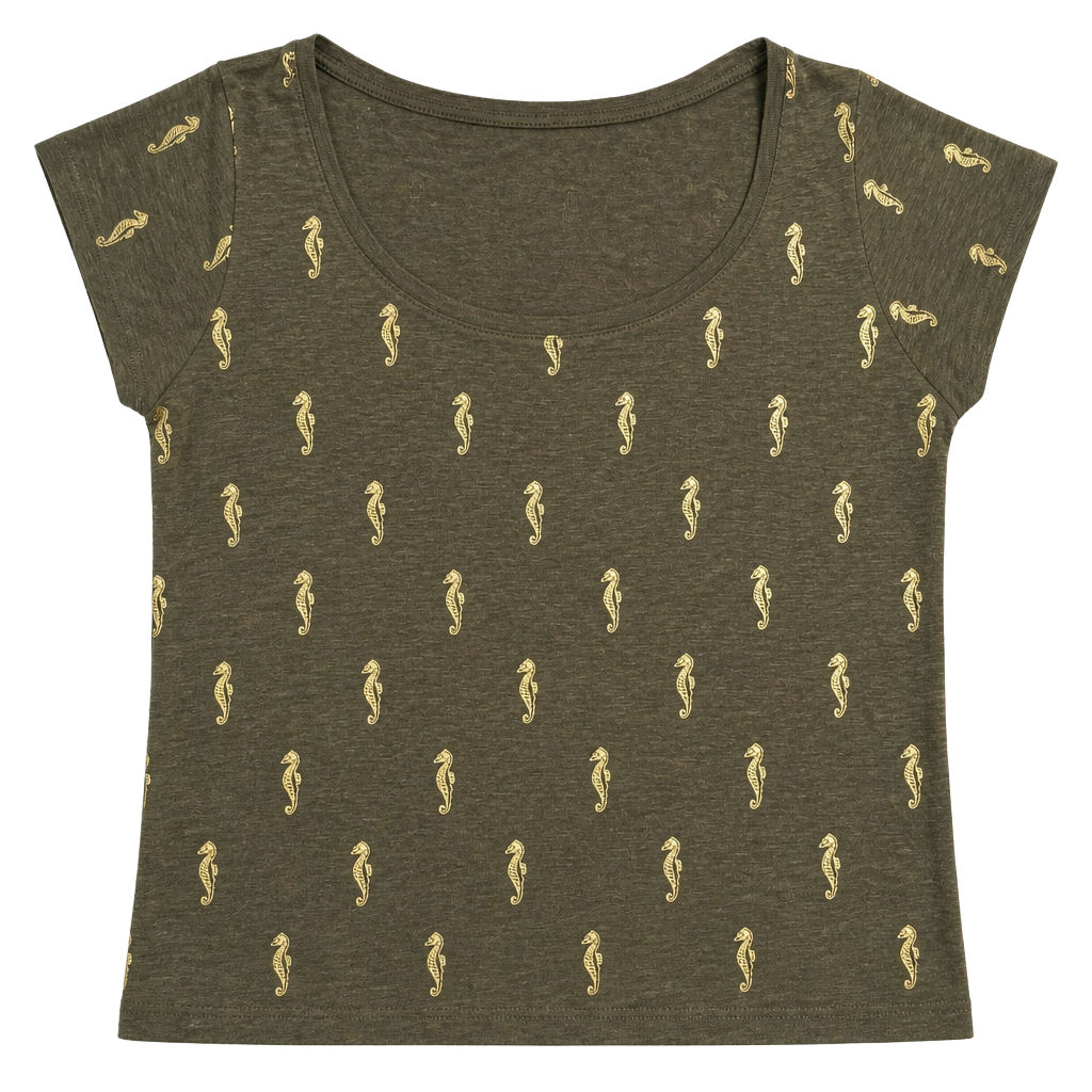 J. Jill Love Linen Shirt Womens L Boxy Short Tee Olive Green Gold Seahorse Top 1