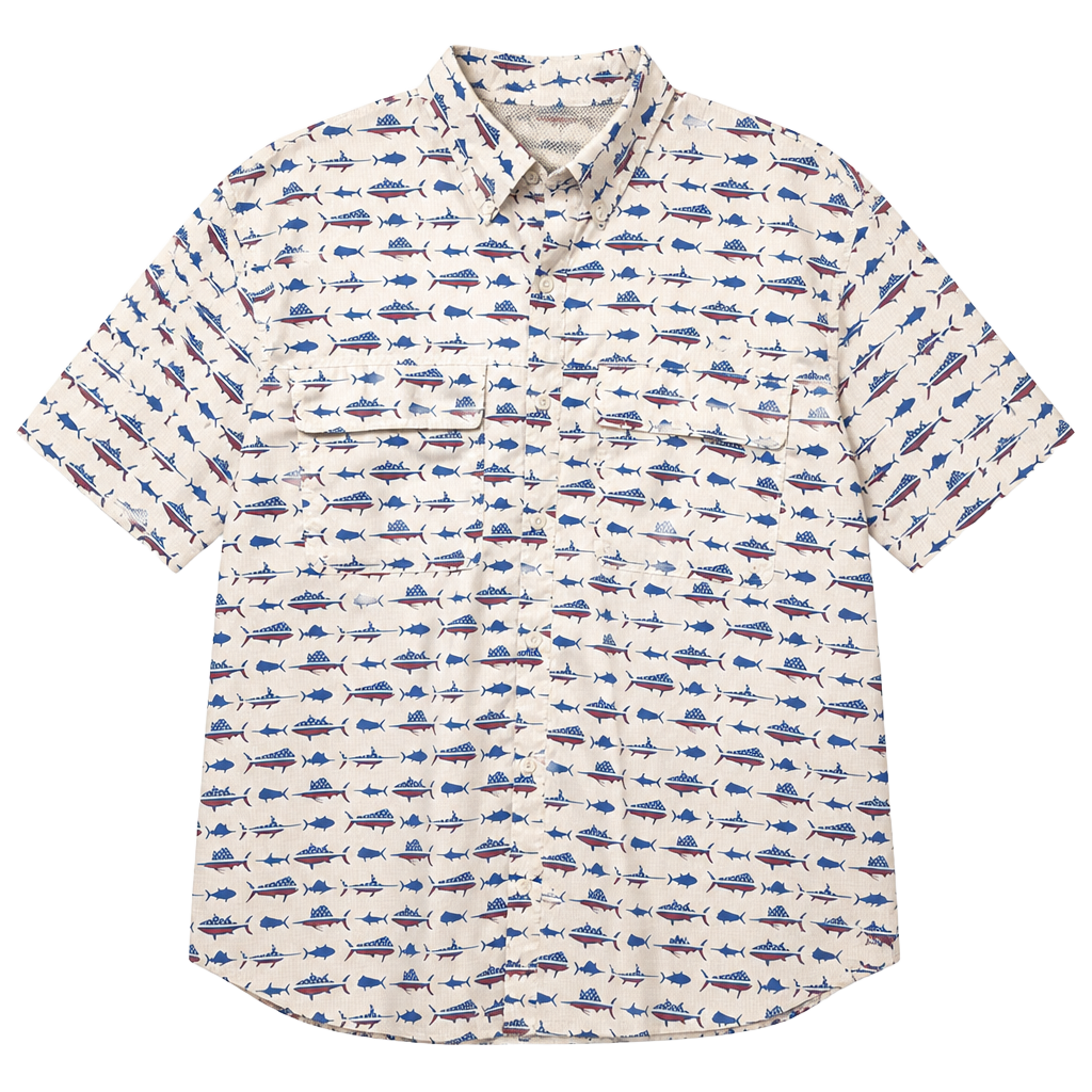 Ocean Coast Patriotic Fish Fishing Shirt Size L White Red Blue 1