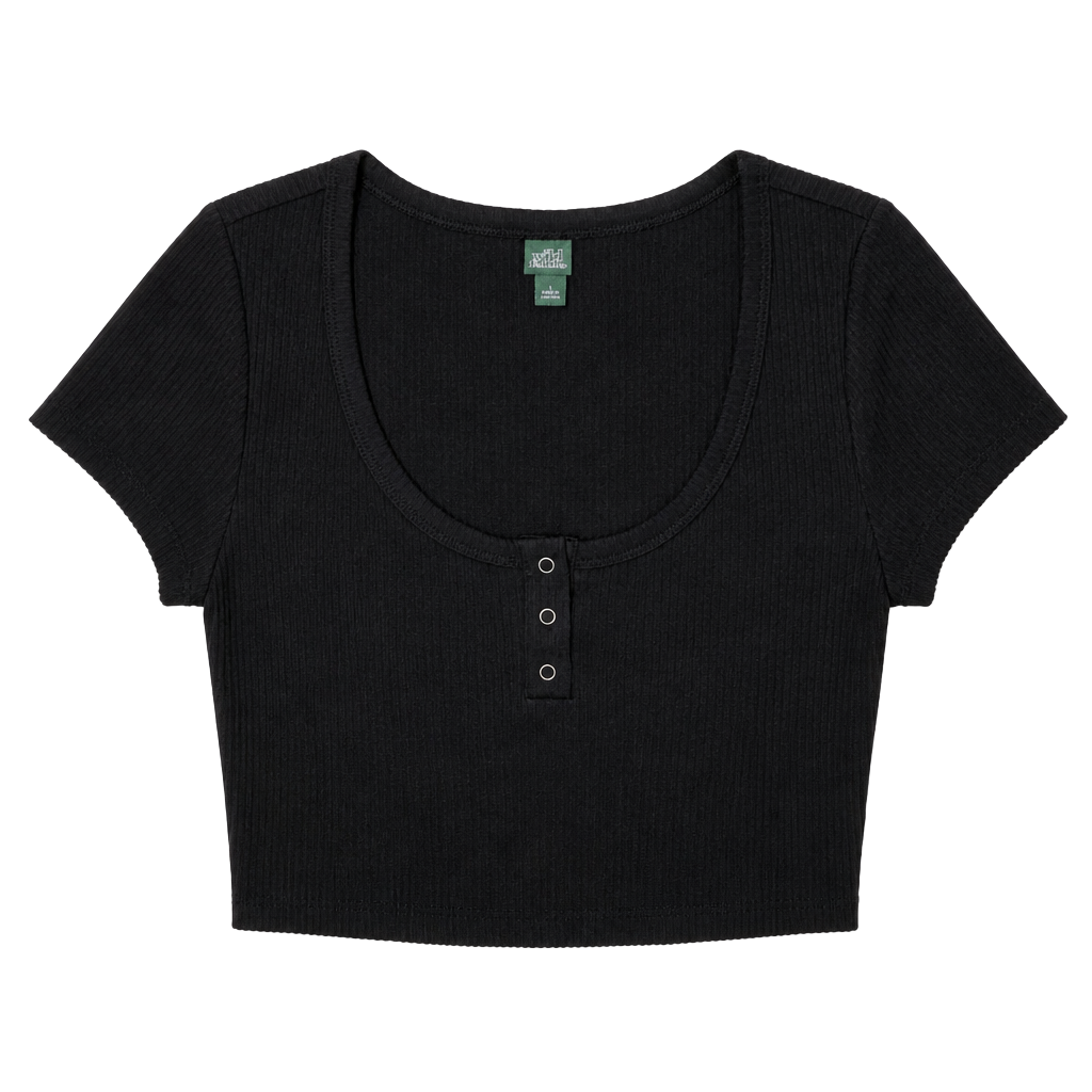 Wild Fable Black Ribbed Scoop Neck Short Sleeve Snap Henley Crop Top 1