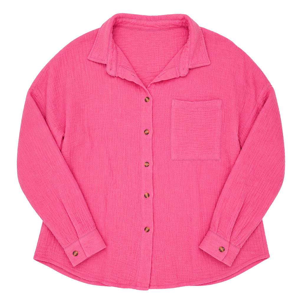 100% Cotton Fashion Pink Cotton Gauze Long Sleeve Button Down Shirt Size L 1