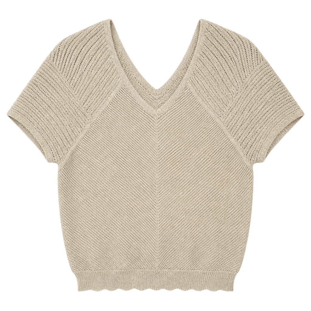 Y2K Studio Y Metallic Knit Sheer Short Sleeve V-Neck Top Beige Size M 1