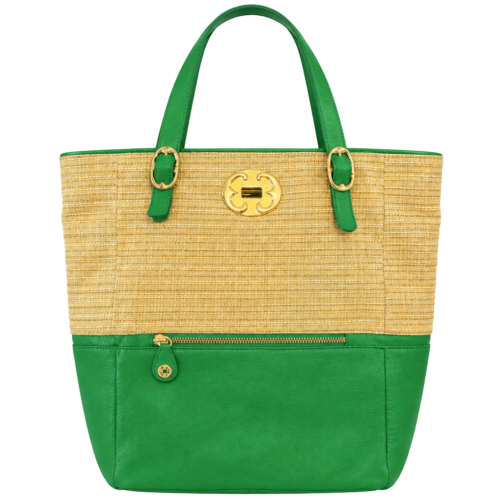Emma Fox Green Leather and Straw Tote Bag 1