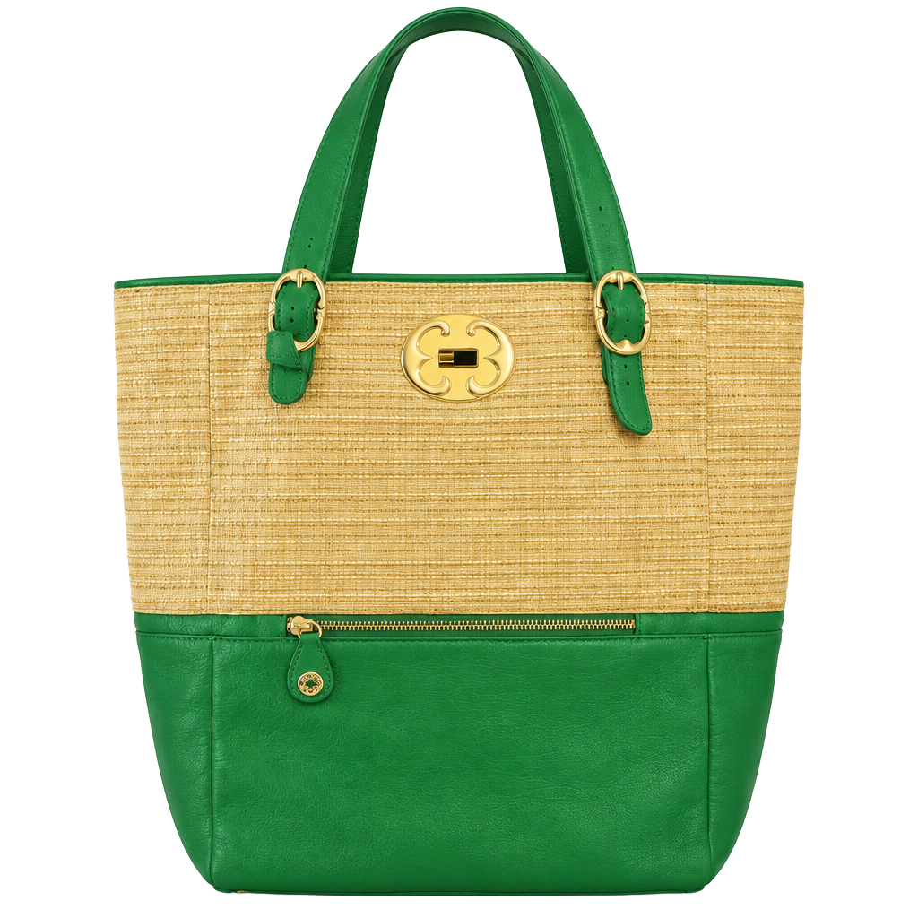 Emma Fox Green Leather and Straw Tote Bag 1