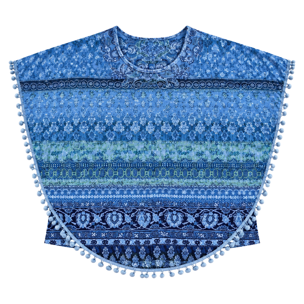 Un Deux Trois Poncho Blue Printed Pom Pom Trim 1