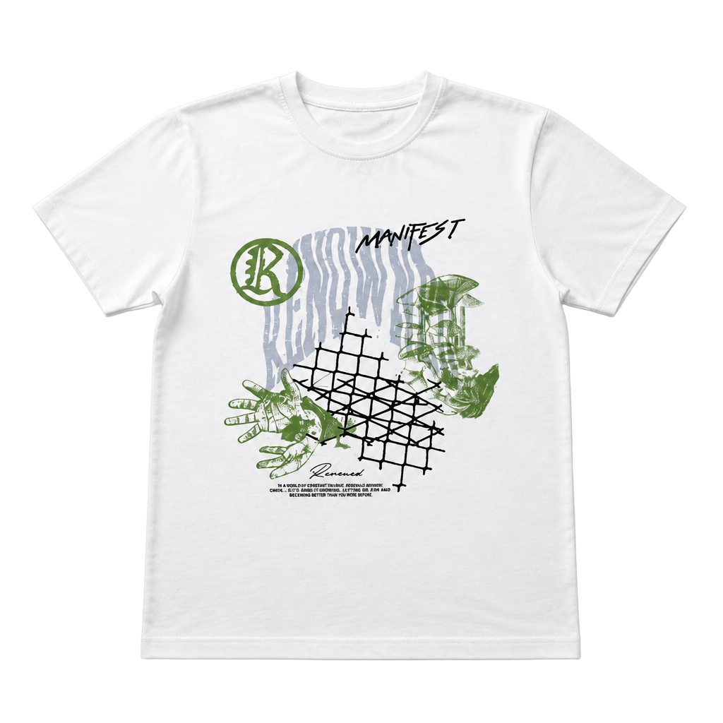 Renowned Manifest White T-Shirt with Graphic Mushrooms and Hands Print 1