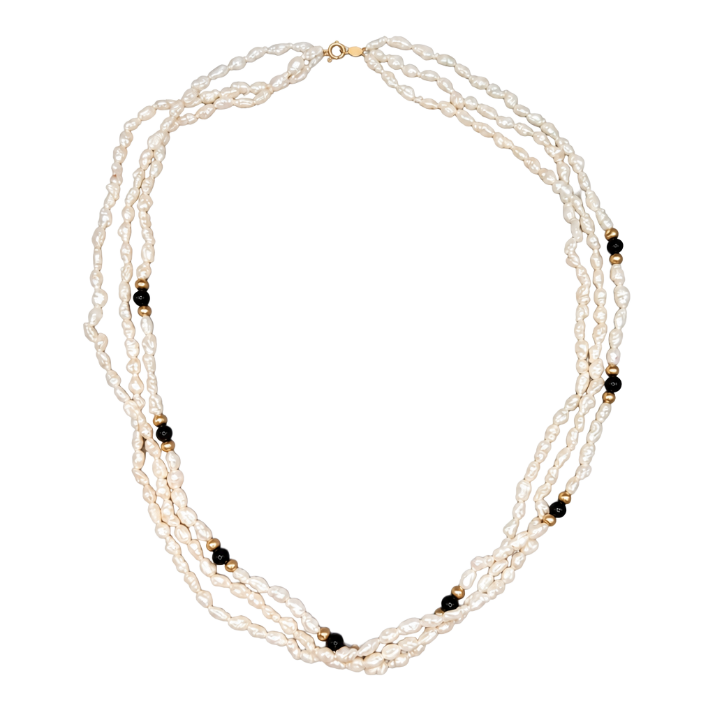 Vintage 14K Gold Multi-Strand Freshwater Rice Pearl Necklace Signed 1