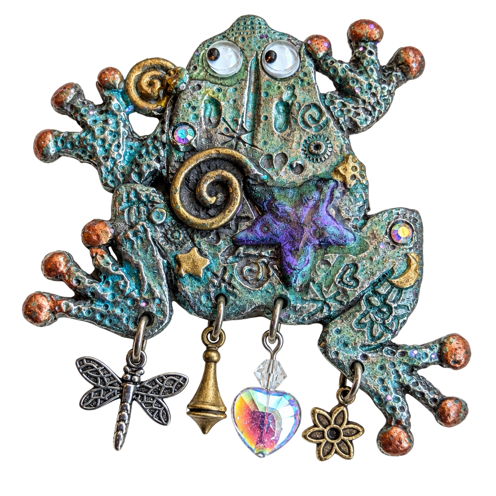 Nanette Frog Brooch Vintage Metal Dangle Charms 1