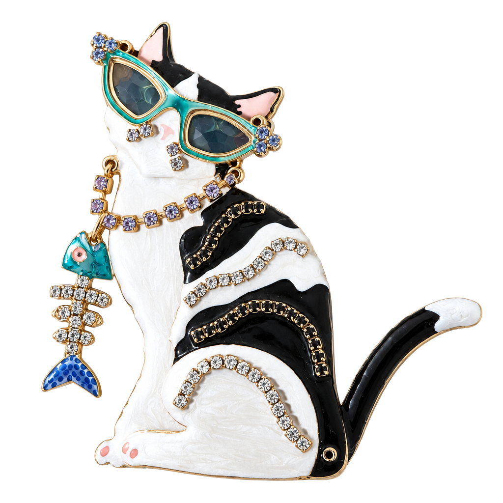 Lunch at the Ritz Cat Brooch Black White Enamel Rhinestone Glasses Fish 1