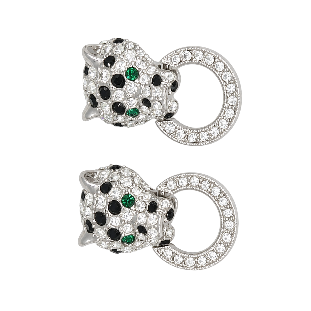 Kenneth Jay Lane Pave Crystal Leopard Panther Green Eyes Clip On Earrings 1